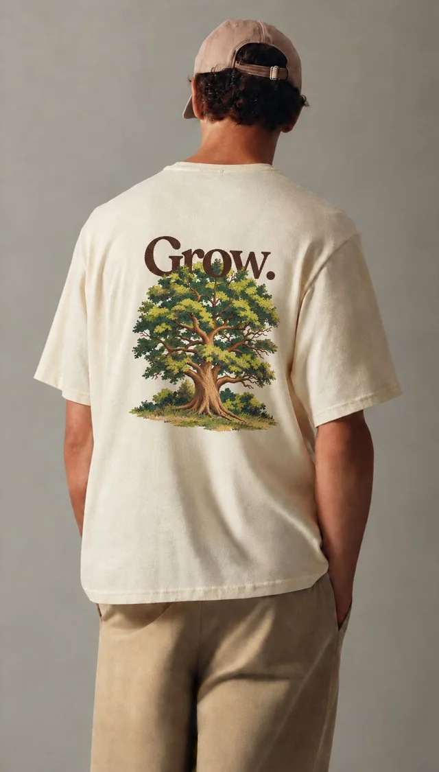 T-shirt écru GROW porté de dos : « Grow. » et un grand chêne imprimés