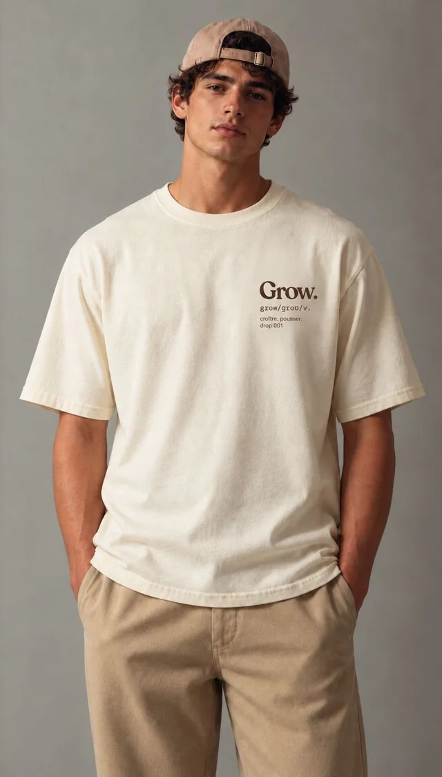 T-shirt écru GROW porté de face : petit logo « Grow. » et la définition « croître, pousser. drop 001 » sur la poitrine